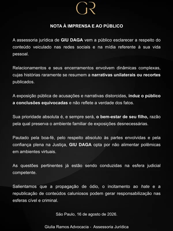 Advogada de Giu Daga, ex de Clara Aguilar, reage às acusações - destaque galeria Advogada de Giu Daga, ex de Clara Aguilar, reage às acusações - destaque galeria