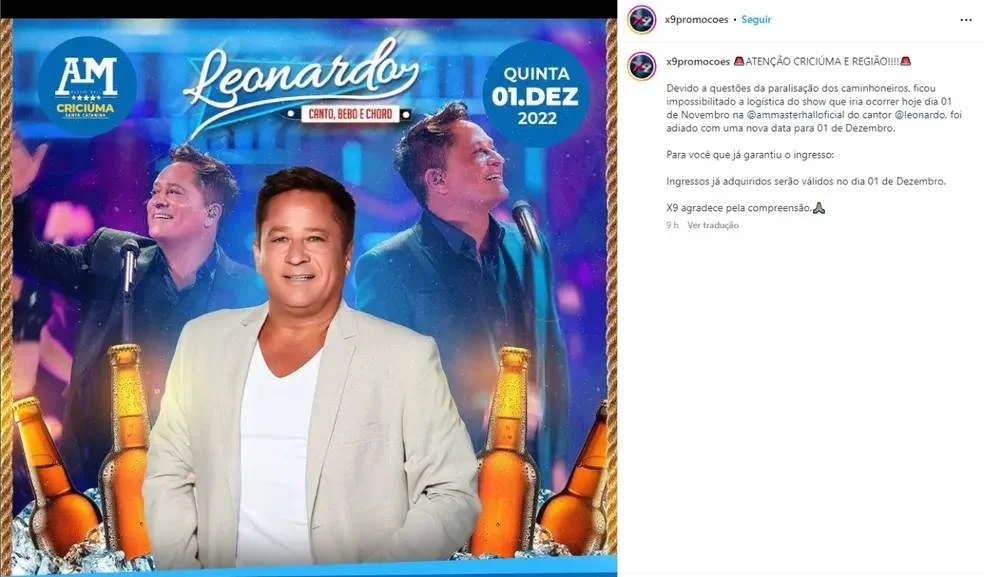 Leonardo cancela show por bloqueio em estradas Leonardo cancela show por bloqueio em estradas