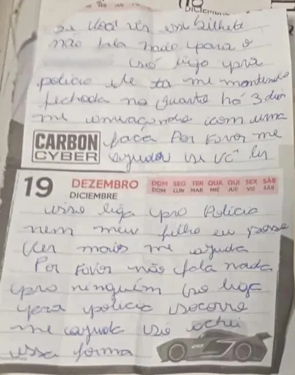Carta de socorro escrita por mulher em cárcere privado no Paraná - Metrópoles