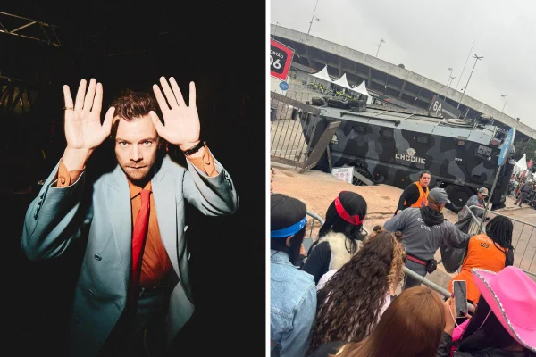 Montagem com fotos coloridas de Harry Styles e viatura da PM