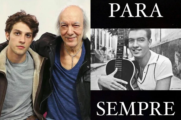 À esquerda, Chay Suede, caracterizado como Erasmo Carlos, posa ao lado do cantor, à direita, foto de Erasmo Carlos na juventude postada por Chay - Metrópoles