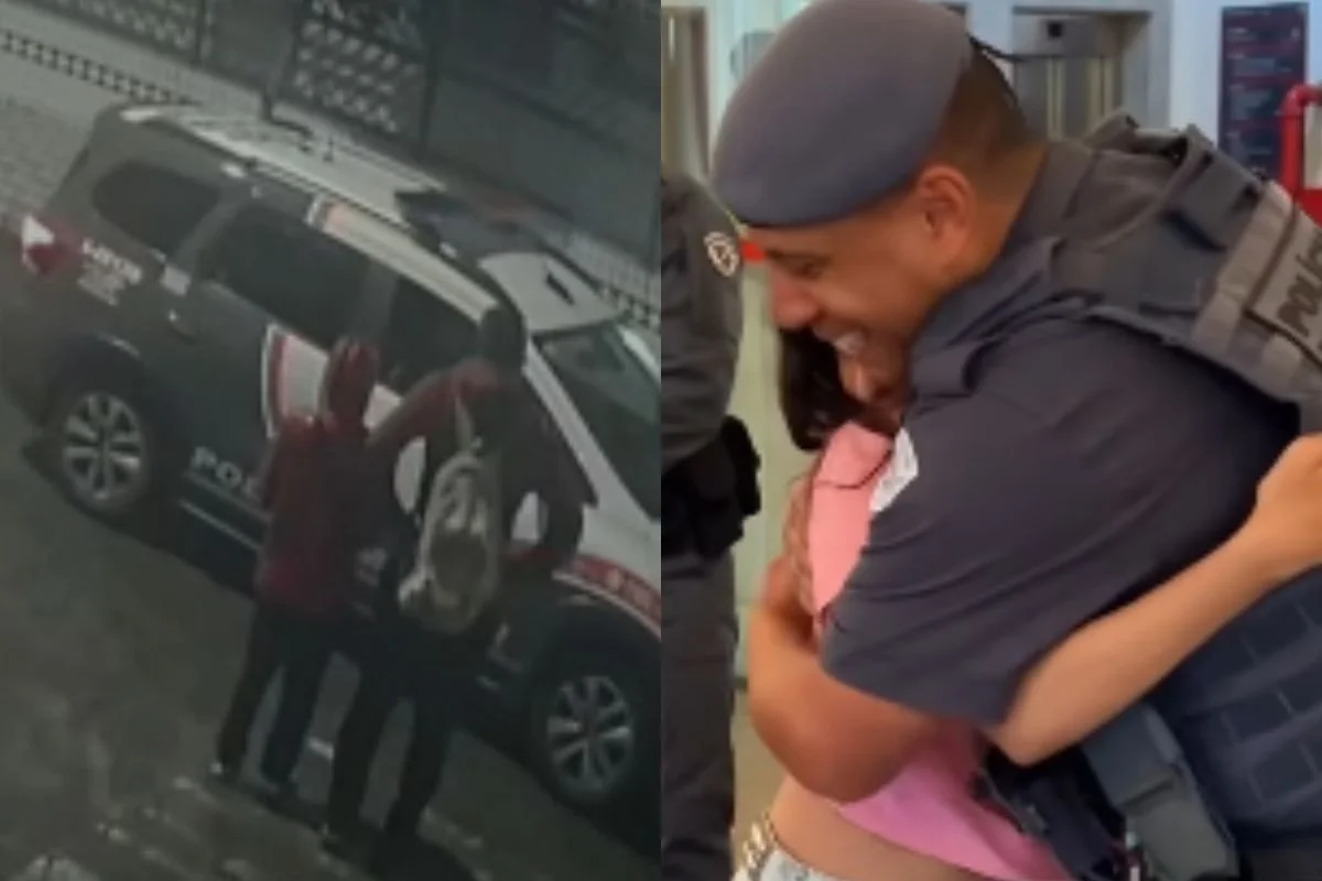 Veja momento que menina sequestrada pelo pai reencontra PM que a resgatou