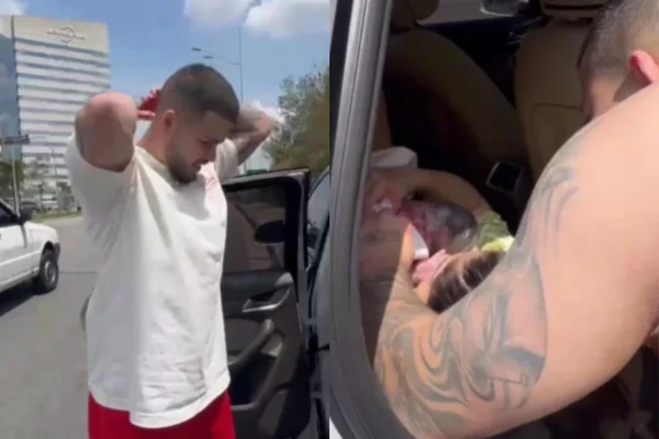 Foto colorida de Jottapê e a esposa no carro - Metrópoles
