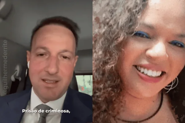 Colagem colorida do secretário Guilherme Derrite ao lado da irmã de Leo do Moinho - Metrópoles