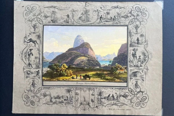 Imagem colorida mostra trecho do livro de gravuras brasileiras raras "Souvenirs de Rio de Janeiro" - Metrópoles