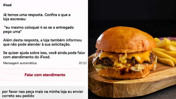 Montagem de imagem de conversa com ifood e de hamburguer