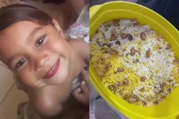 Montagem com foto colorida de criança de 3 anos que morreu envenenada no Piauí junto com prato de comida que estaria envenenado - Metrópoles