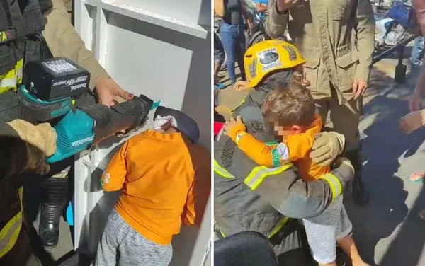 imagem colorida criança cabeça presa em painel de fotos goias