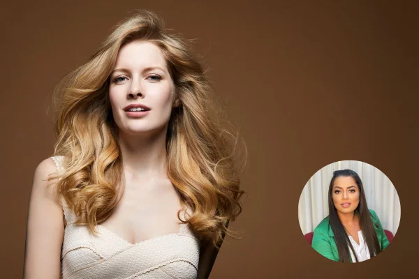 Mulher branca com cabelos loiros esvoaçados. Atrás tem um fundo marrom. No canto direito tem uma foto em círculo da especialista - Metrópoles