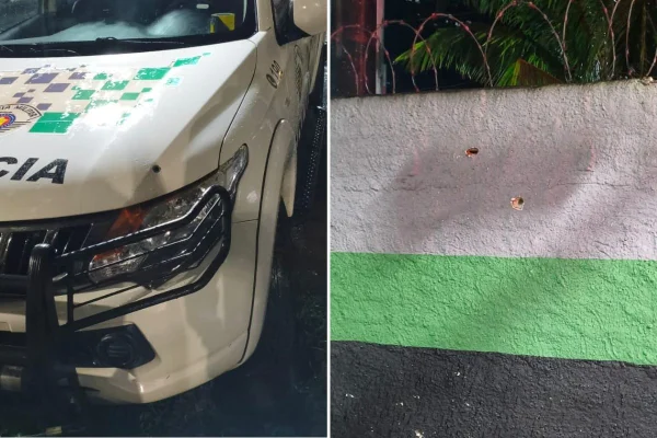 Imagem colorida mostra base da PM fuzilada. Metrópoles