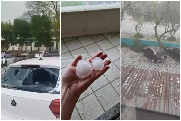 Carro depredado, pedra de granizo em mão