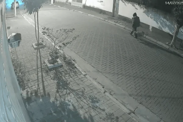 Imagem colorida de um suspeito carregando um carrinho de mão após desovar o corpo de uma mulher na lata de lixo - Metrópoles
