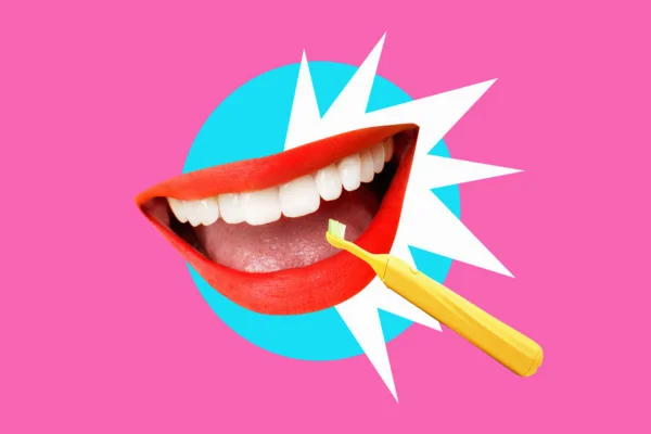 Imagem colorida de arte com sorriso de dentes brancos e uma escova amarela