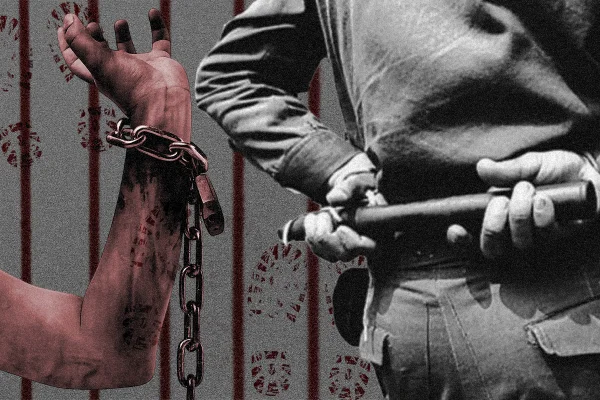 Imagens coloridas mostram arte com braço de homem acorrentado e militar de costas, segurando cacetete