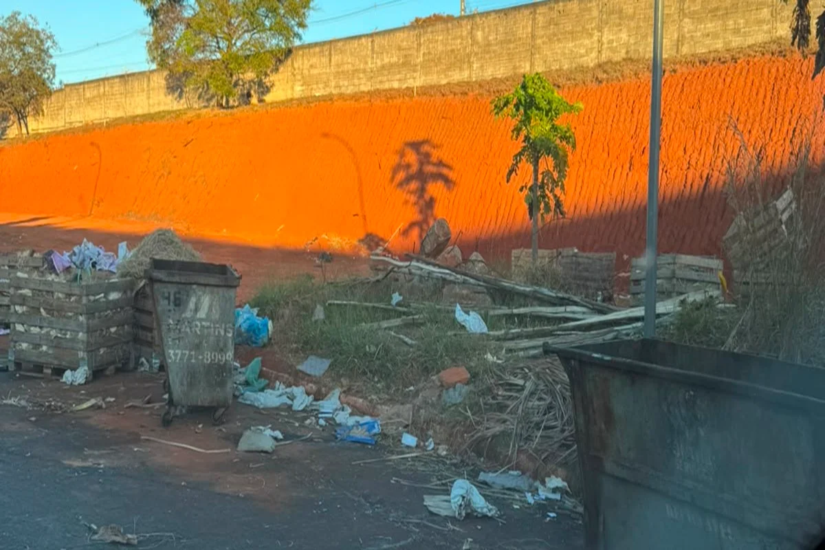 O cenário no local é acúmulo, com caçambas transbordando de lixo, assim como entulhos e resíduos espalhados no local O cenário no local é acúmulo, com caçambas transbordando de lixo, assim como entulhos e resíduos espalhados no local