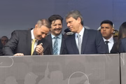 Tarcísio de Freitas, André do Prado e Guilherme Derrite durante solenidade que celebra os 93 anos da Revolução Constitucionalista de 1932