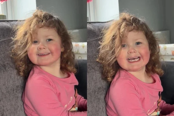 Imagem mostra uma montagem com duas fotos de menina branca, de bochechas rosadas, sorrindo para a câmera - Metrópoles