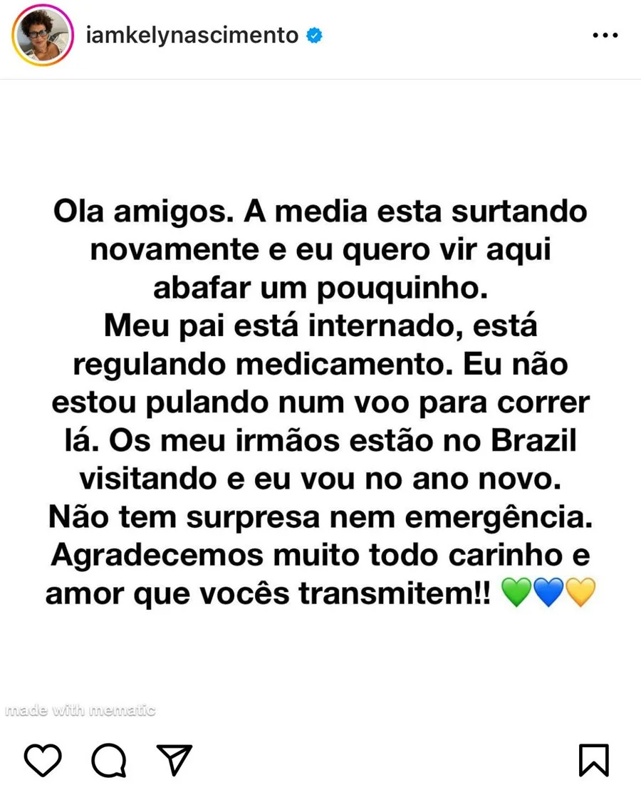Por meio do Instagram, Kely Nascimento tranquilizou os fãs do Rei do Futebol Por meio do Instagram, Kely Nascimento tranquilizou os fãs do Rei do Futebol