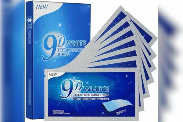 Imagem mostra produto fita 9D White para clareamento dental em fundo branco. Anvisa proibiu produto sem registro. Metrópoles