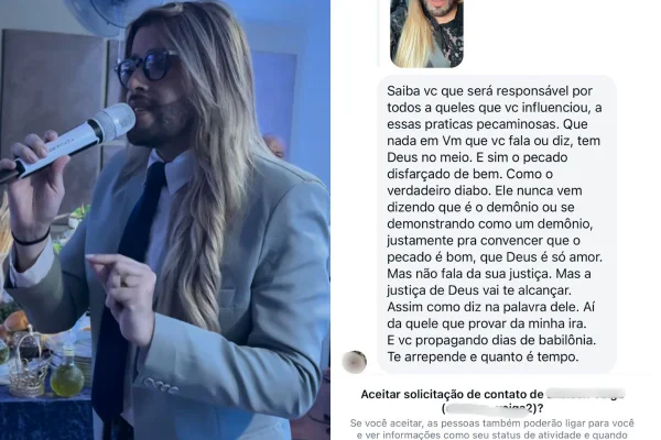 Homem com cabelos loiros compridos e óculos segura microfone