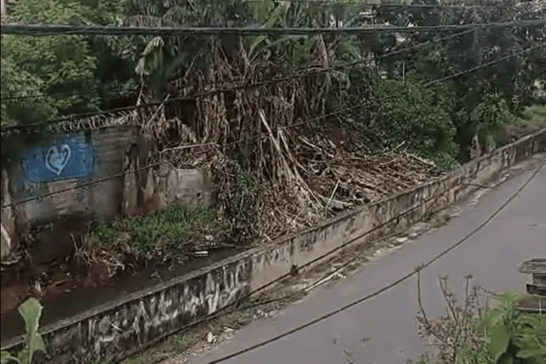 Imagem colorida de um barranco desmoronado sobre um rio ao lado de uma rua da Vila Jacuí, zona leste de São Paulo - Metrópoles