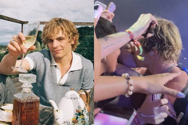 montagem com foto de homem loiro e foto dele beijando uma mulher em plateia - metrópoles