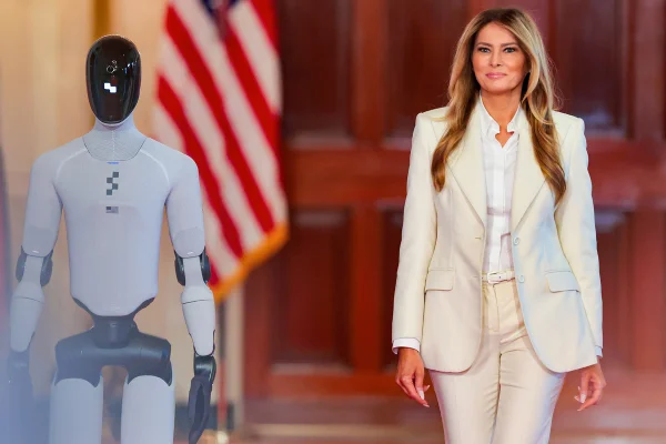 A primeira-dama dos EUA, Melania Trump, entra no Salão Leste com um robô humanoide