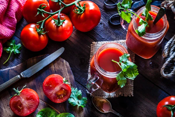 Imagem mostra vista superior de uma mesa com vários tomates e dois copos de suco vermelho - Metrópoles