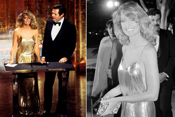 Farrah Fawcett usa Stephen Burrows na premiação de 1978 Farrah Fawcett usa Stephen Burrows na premiação de 1978