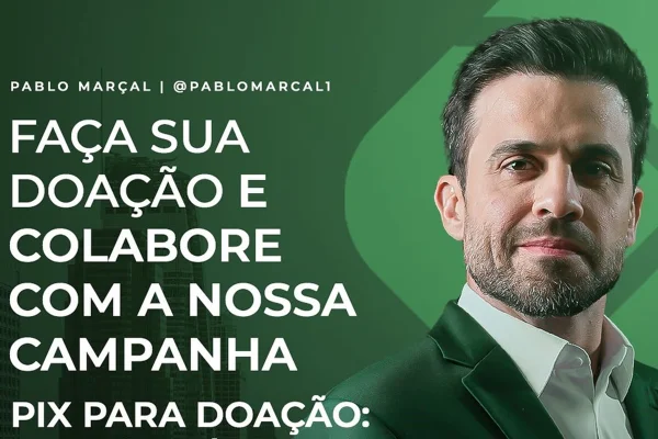 Imagem colorida mostra trecho de banner eleitoral de Pablo Marçal - Metrópoles