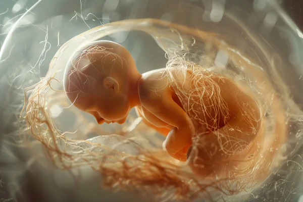 Ilustração colorida de feto, envolto numa placenta, dentro do organismo da mãe - Metrópoles.