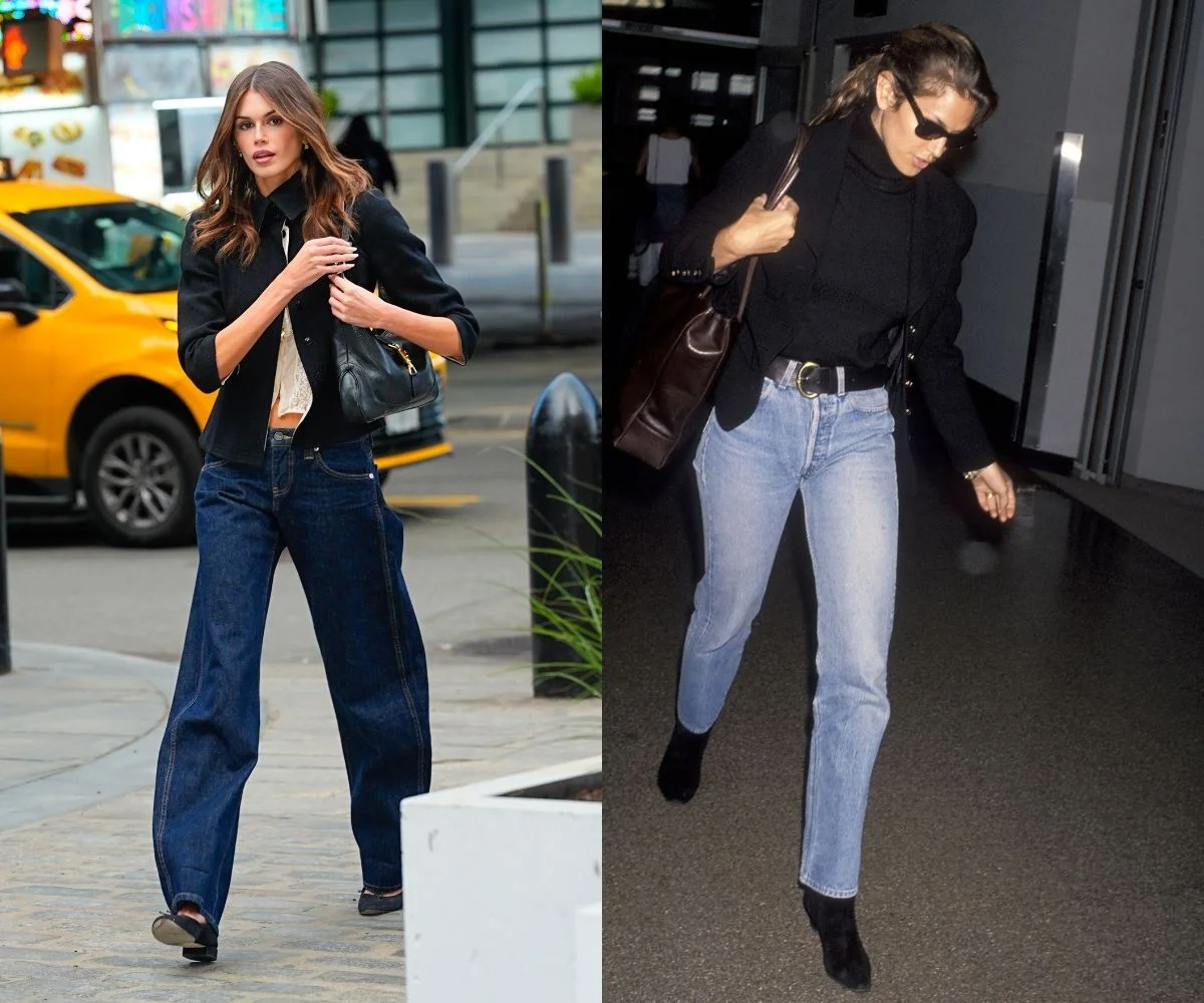 Jeans reto, blusa e jaqueta ou blazer é uma fórmula que atravessa gerações: Cindy usava nos anos 1990 e Kaia repete até hoje Jeans reto, blusa e jaqueta ou blazer é uma fórmula que atravessa gerações: Cindy usava nos anos 1990 e Kaia repete até hoje