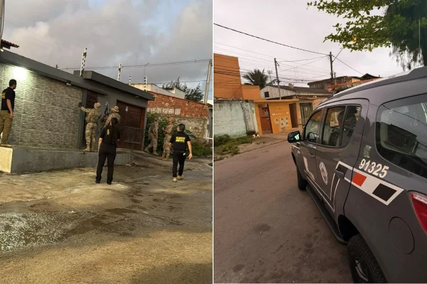 Montagem colorida mostra promotores e policiais cumprindo mandado de busca e apreensão contra alvo de operação contra quadrilha suspeita de subtrair mais de R$ 5 milhões de empresário paulista.