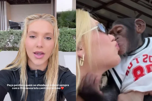 Montagem de imagens mostra Virginia se pronunciamento após vídeo beijando macaco incitar racismo contra Vini Jr. - Metrópoles
