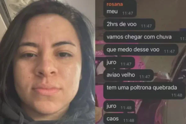Montagem colorida mostra, à esquerda, rosto de mulher com cabelos longos e escuros. Ao lado, print de conversa no WhatsApp - Metrópoles