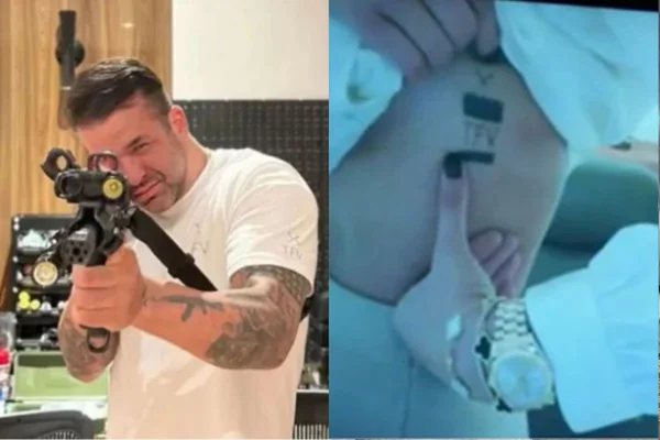 Imagem colorida mostra Thiago Brennand e mulher tatuada a força. Metrópoles