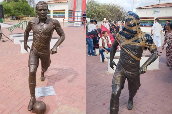 Imagem colorida de estátua de dani alves na Bahia-Metrópoles