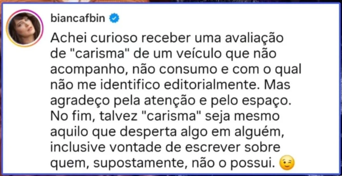 Bianca Bin rebate após aparecer em lista de famosos “sem carisma” - imagem 1 Bianca Bin rebate após aparecer em lista de famosos “sem carisma” - imagem 1