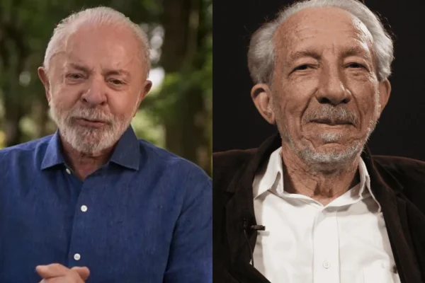 Imagem colorida de montagem com Lula e jornalista Raimundo Pereira