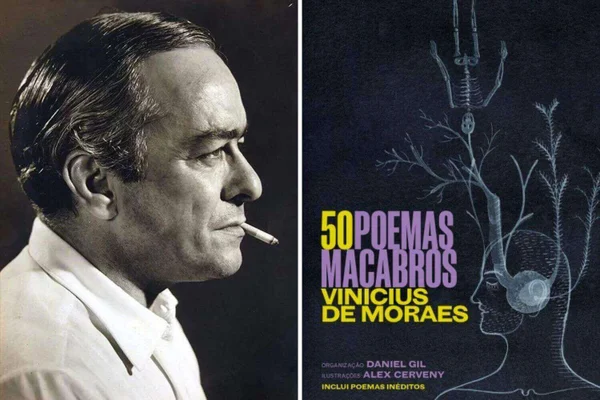 Montagem com fotos de Vinicius de Moraes e do livro "50 poemas macabros"