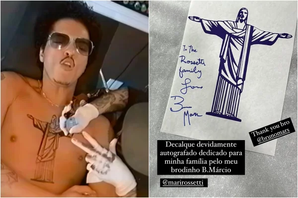 Montagem mostra print do vídeo de Bruno Mars (esquerda) fazendo tatuagem do Cristo Redentor e decalque do desenho feito (direita)