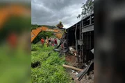 Os veículos seguiam em sentidos opostos quando o caminhão que transportava os animais tombou em direção à pista contrária e atingiu o outro veículo Os veículos seguiam em sentidos opostos quando o caminhão que transportava os animais tombou em direção à pista contrária e atingiu o outro veículo