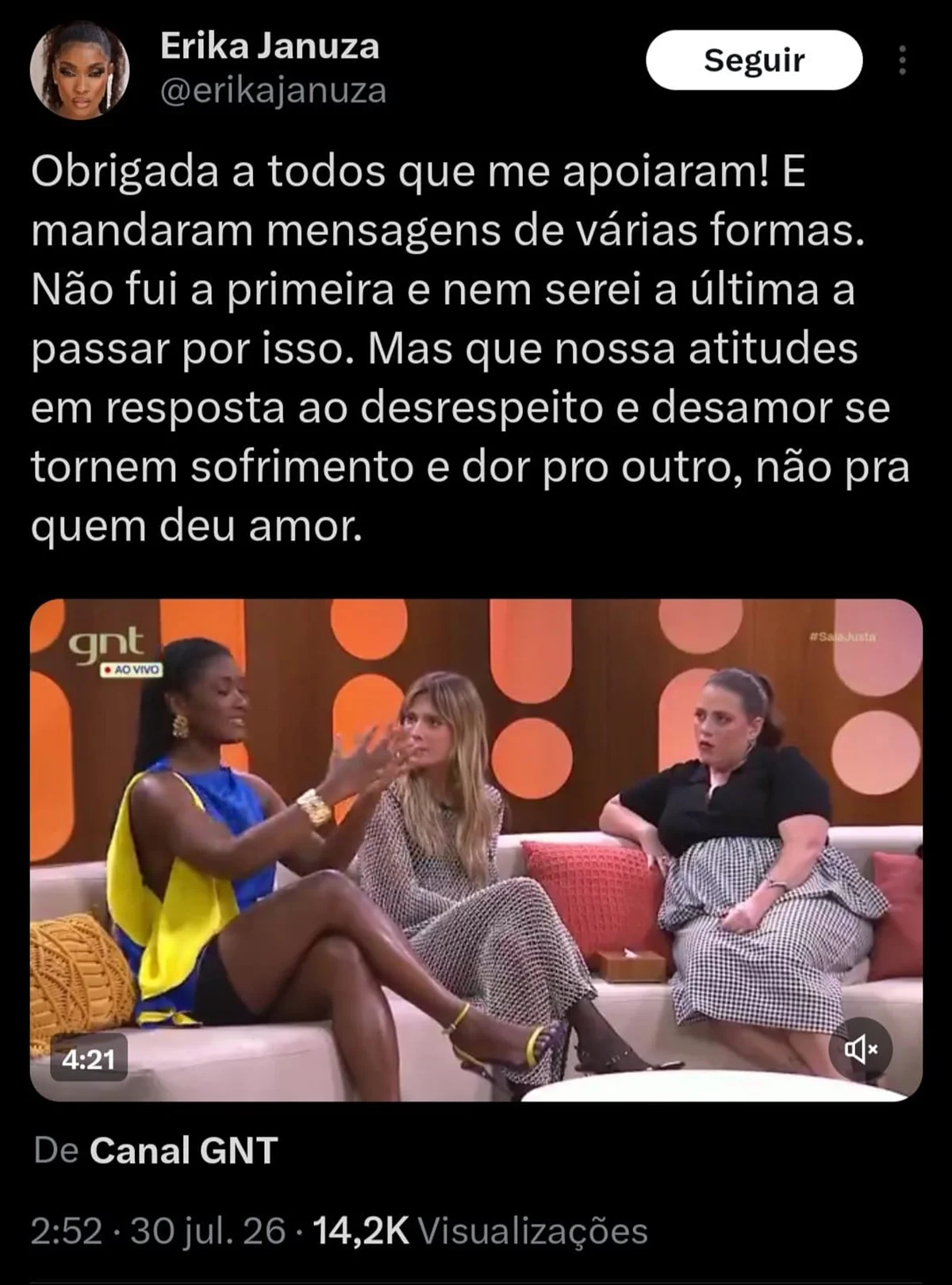 Erika Januza compartilhou seu desabafo no X, antigo Twitter, e agradeceu o apoio que vem recebendo Erika Januza compartilhou seu desabafo no X, antigo Twitter, e agradeceu o apoio que vem recebendo