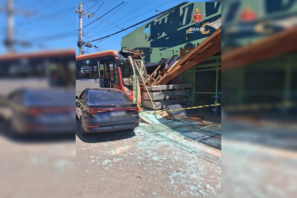 Ônibus perde o freio, atinge carro e bate em loja após derrubar árvore
