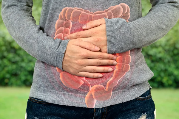 Foto colorida de corpo feminino com ilustração de intestino no abdômen - Metrópoles