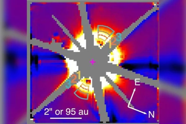 Imagem do disco (0,6–5,2 µm combinados) de HD 181327 após a remoção da função de dispersão do ponto estelar. Metrópoles