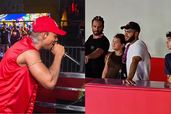Montagem com foto de show de O Kanalha e sacada com parte do público