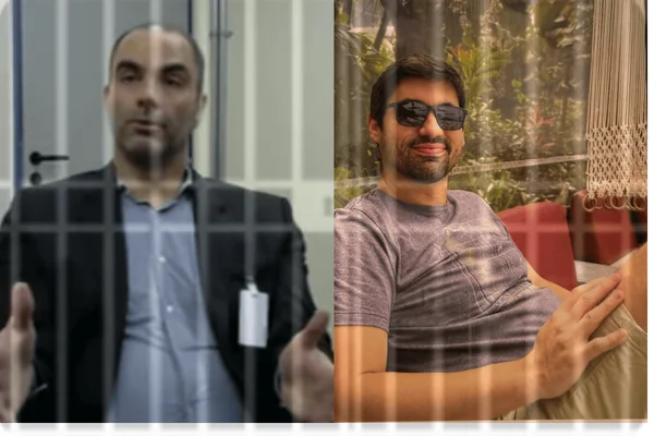 Arte gráfica insinuando grades de prisão com dois homens em fotos distintas, um ao lado do outro - Metrópoles