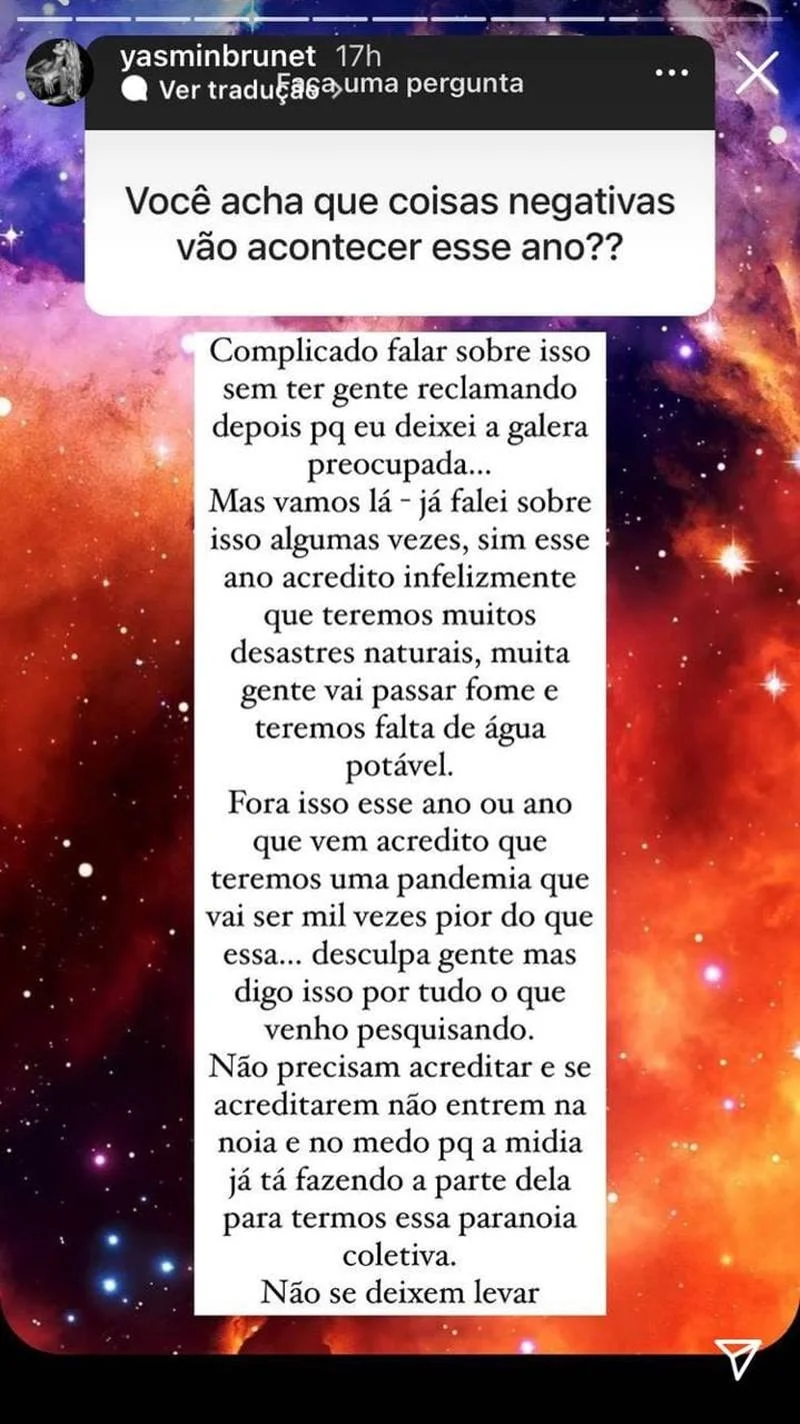 Yasmin Brunet fez previsões para o ano 2022 e assustou seus seguidores Yasmin Brunet fez previsões para o ano 2022 e assustou seus seguidores