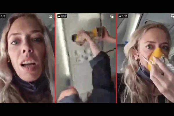 montagem com três fotos que mostram mulher durante despressurização de avião